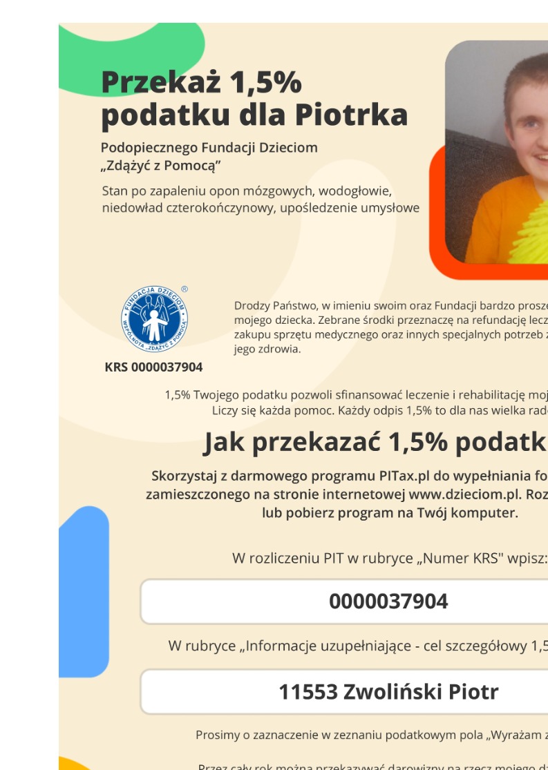 Przekaż 1,5% podatku dla Piotrka