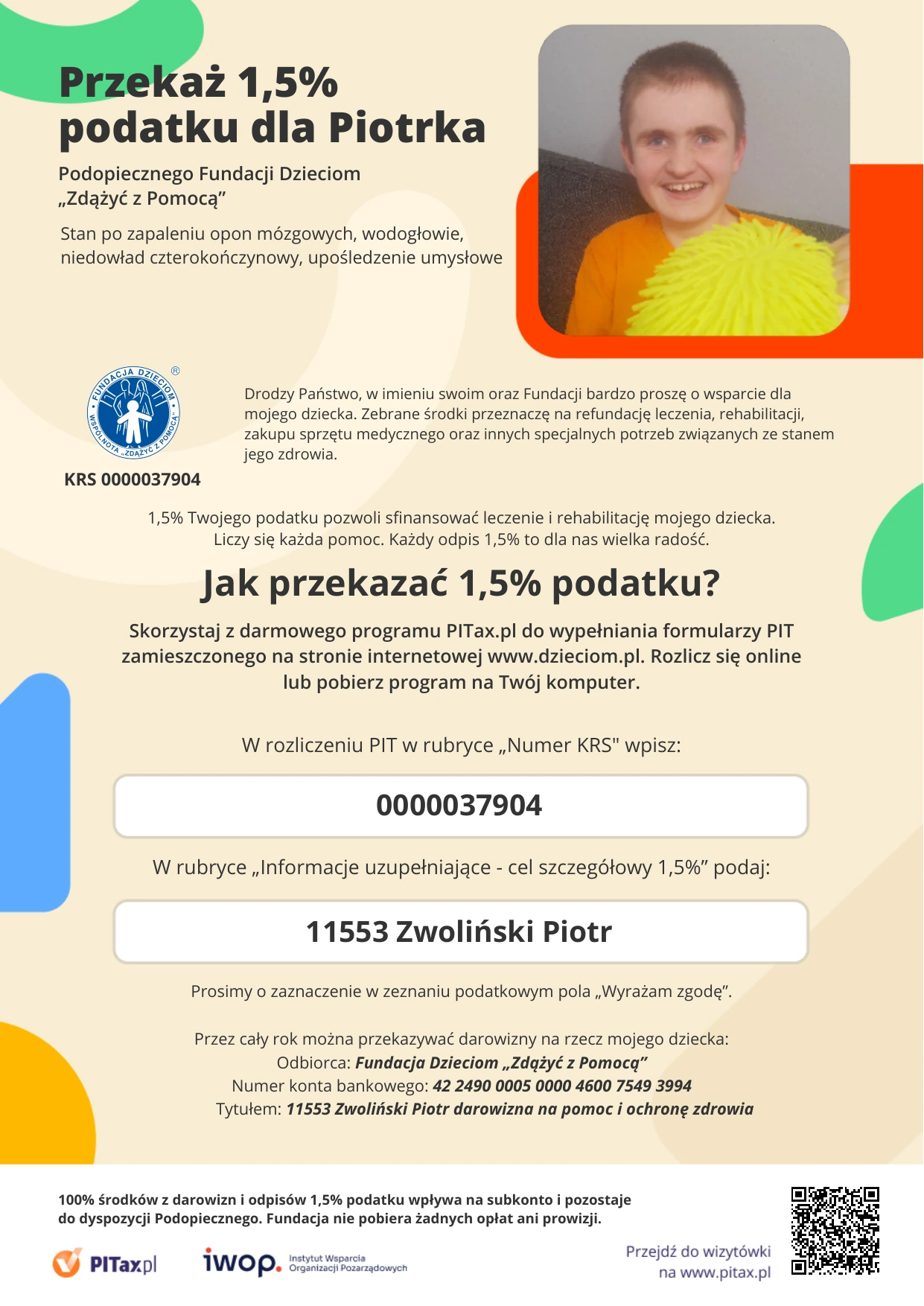 Ulotka: przekaż 1,5% podatku dla Piotrka